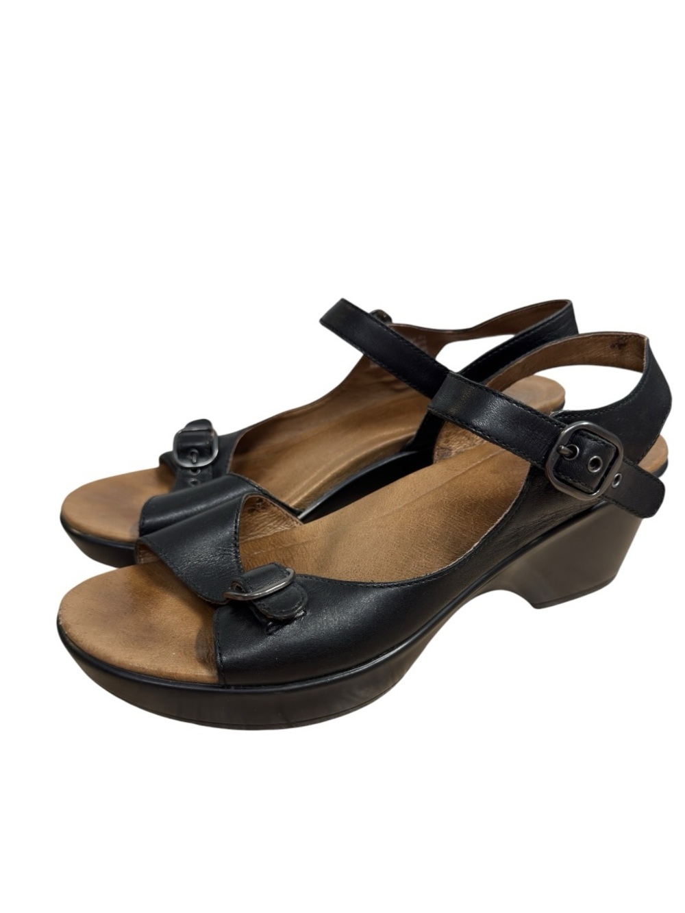 Dansko Joanie Black Leather Wedge Sandals Adjustable Buckle Size 41 US 10.5-11